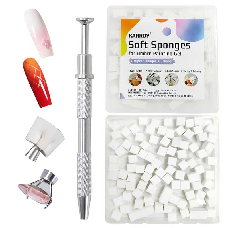 Karroy Soft Sponges for Painting Nail Gel with Grabber, Professional Grabbing Tools for Ombre Gradient Painting Gel Nails Sponges Patting Brush (100PCS Sponges & Grabber) - Image 1